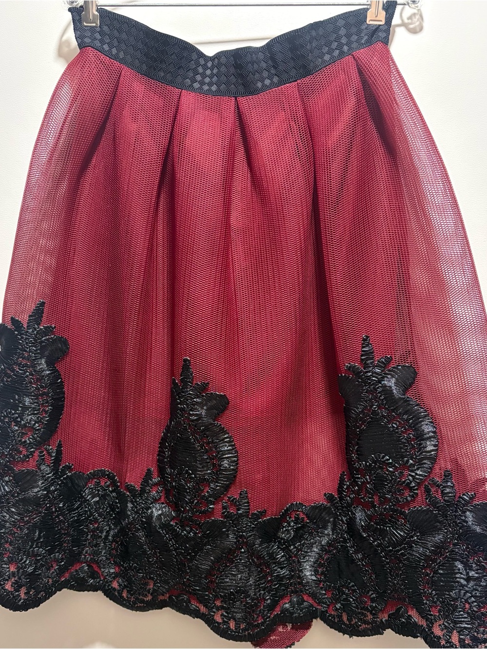 Mango USA Women's Burgundy Tulle Skirt with Black Lace Trim